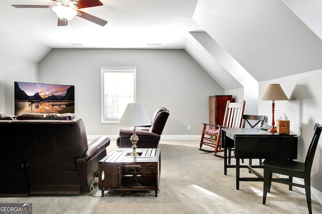 living room featuring visible vents, baseboards, light colored carpet, ceiling fan, and vaulted ceiling