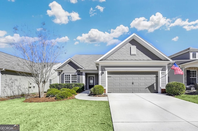 ranch-style home featuring a garage, concrete driveway, and a front yard