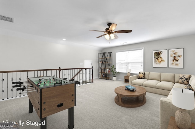 recreation room with baseboards, visible vents, a ceiling fan, carpet flooring, and recessed lighting