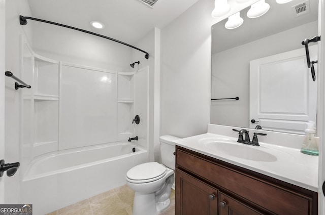 full bathroom featuring visible vents, toilet, tile patterned flooring, vanity, and shower / washtub combination