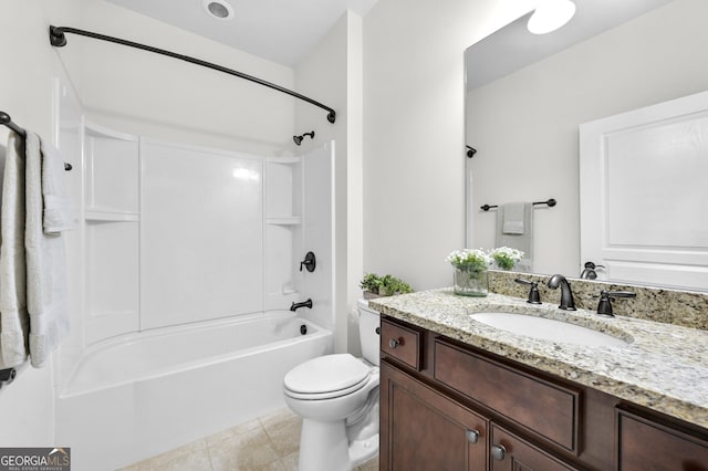 bathroom featuring toilet, shower / bath combination, tile patterned flooring, and vanity