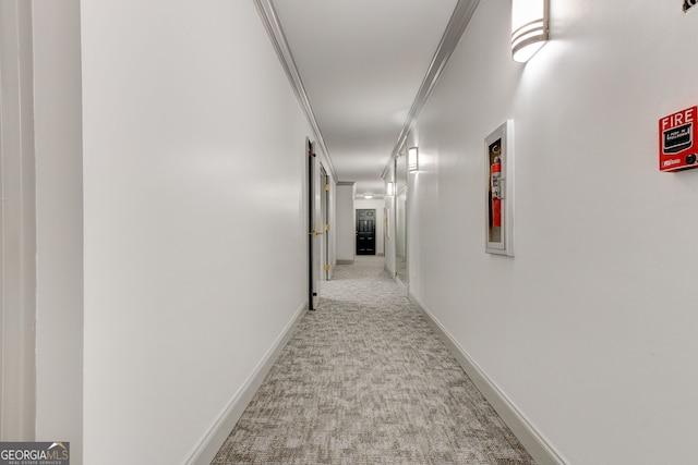 hallway featuring light carpet and baseboards