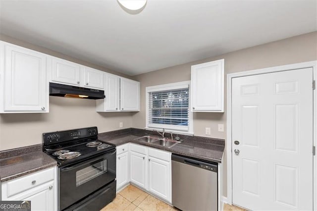 kitchen with under cabinet range hood, electric range, a sink, stainless steel dishwasher, and dark countertops