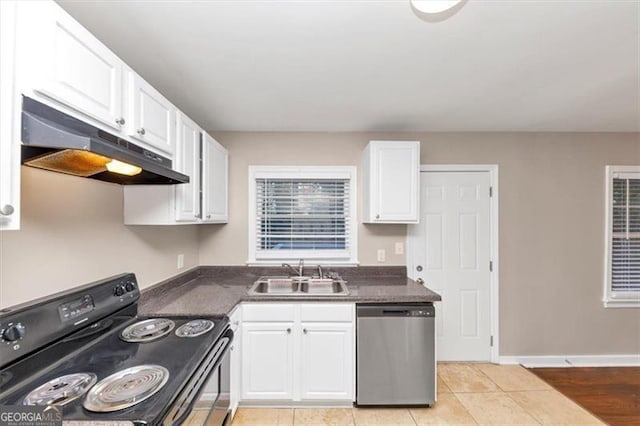 kitchen featuring dark countertops, black range with electric stovetop, stainless steel dishwasher, under cabinet range hood, and a sink