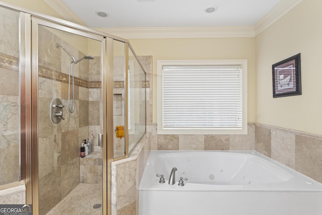 bathroom featuring a jetted tub, a stall shower, and crown molding