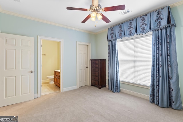 bedroom featuring light carpet, ornamental molding, visible vents, and baseboards