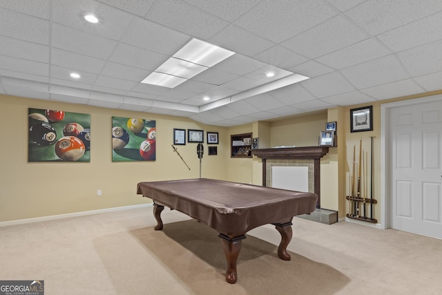 rec room with carpet, billiards, baseboards, and recessed lighting