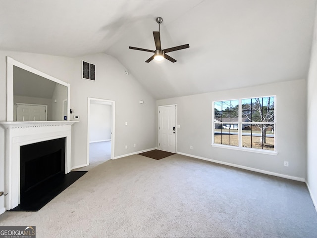 unfurnished living room featuring carpet floors, a fireplace with flush hearth, visible vents, baseboards, and a ceiling fan