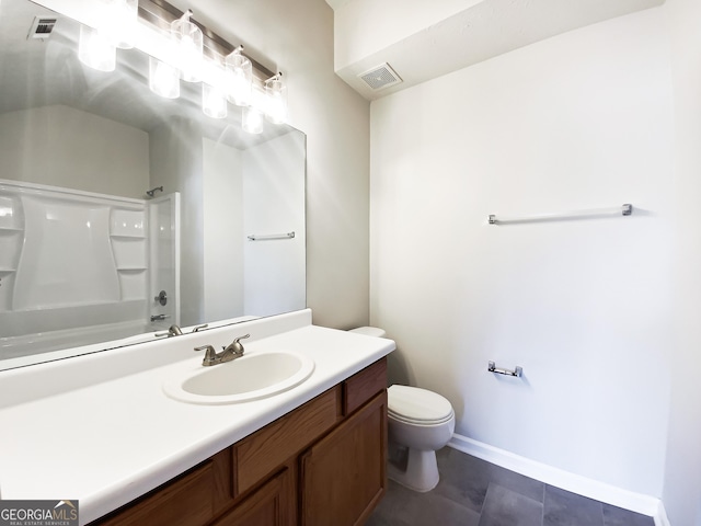 bathroom with shower / washtub combination, visible vents, vanity, and toilet