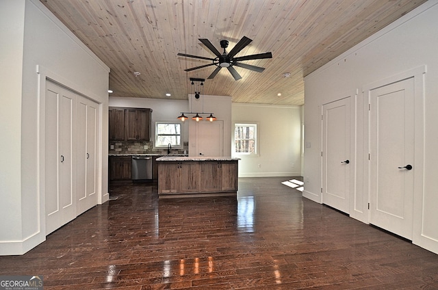 kitchen featuring wooden ceiling, backsplash, a center island, dishwasher, and pendant lighting