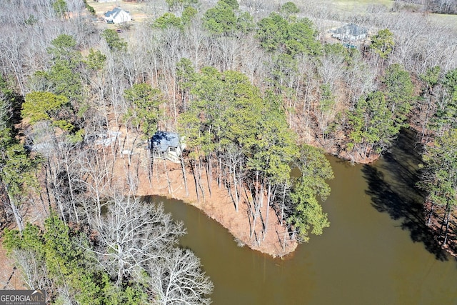 aerial view with a water view and a wooded view