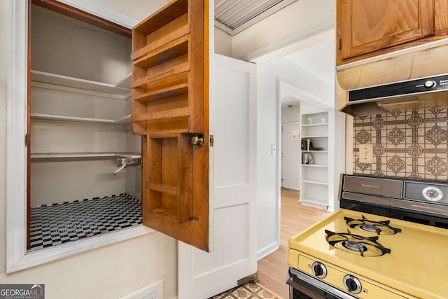 interior space with light wood-type flooring, open shelves, and range with gas cooktop