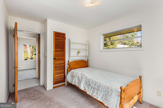 bedroom featuring carpet floors, multiple windows, baseboards, and a closet