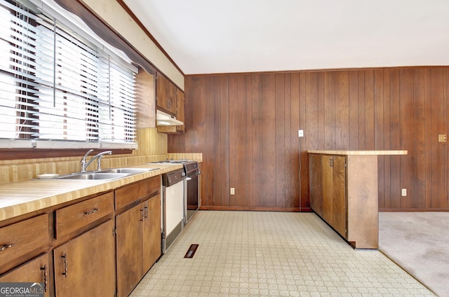 kitchen featuring light countertops, a sink, wooden walls, and stainless steel dishwasher