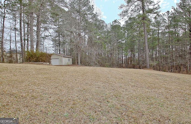 view of yard with a detached garage and an outbuilding