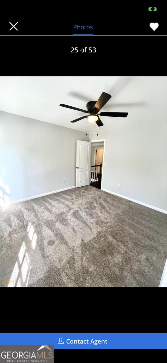 interior space with ceiling fan, carpet flooring, and baseboards