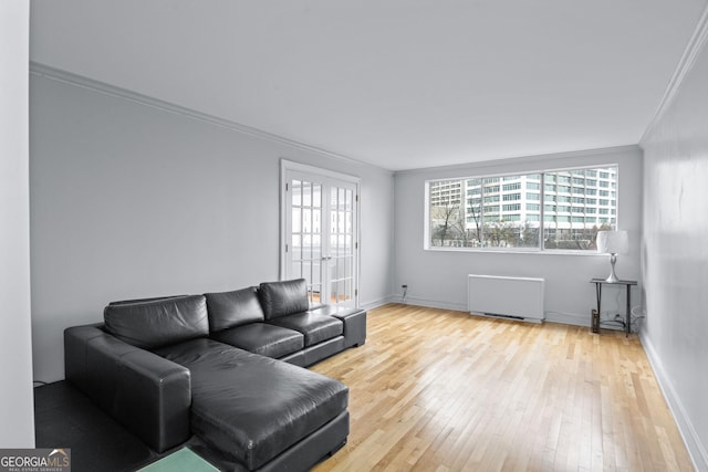 living room featuring ornamental molding, plenty of natural light, light wood-style flooring, and radiator heating unit
