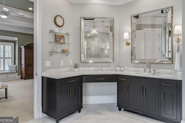 full bath with a ceiling fan, marble finish floor, and vanity