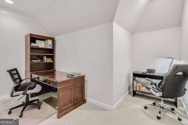 office featuring vaulted ceiling, recessed lighting, light carpet, and baseboards