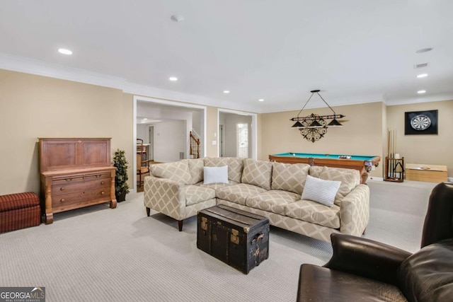 living room with ornamental molding, billiards, light colored carpet, and recessed lighting