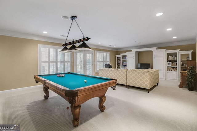 game room featuring recessed lighting, light colored carpet, crown molding, and visible vents