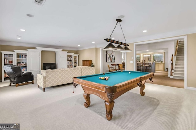 rec room featuring billiards, visible vents, crown molding, and light colored carpet