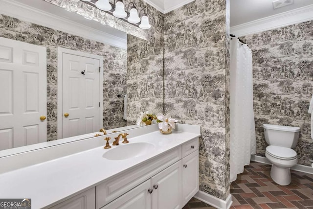 bathroom with wallpapered walls, baseboards, ornamental molding, and vanity