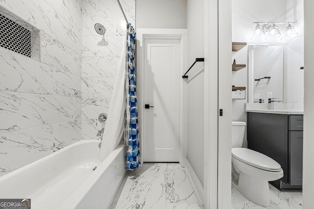 bathroom featuring marble finish floor, vanity, shower / bath combination with curtain, and toilet