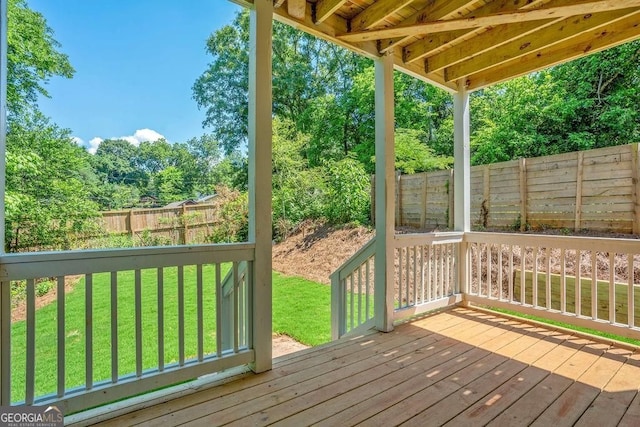 deck featuring a fenced backyard and a lawn