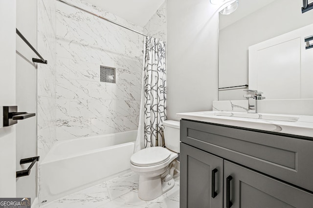 full bath featuring toilet, marble finish floor, shower / bath combination with curtain, and vanity