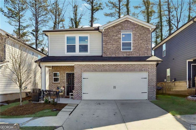 view of front of home with an attached garage, central AC, brick siding, driveway, and stone siding