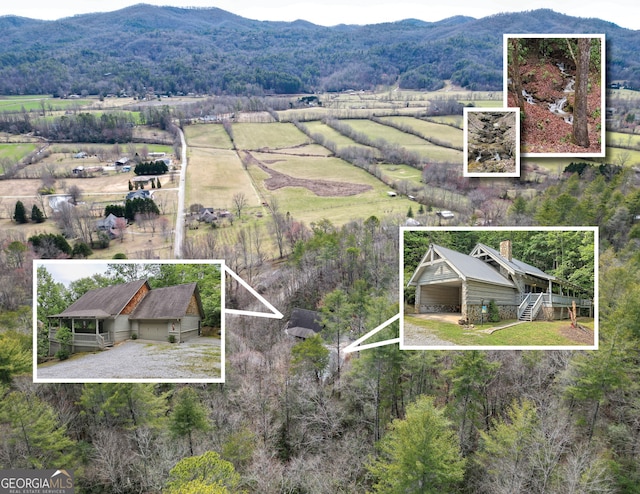 birds eye view of property featuring a rural view and a mountain view