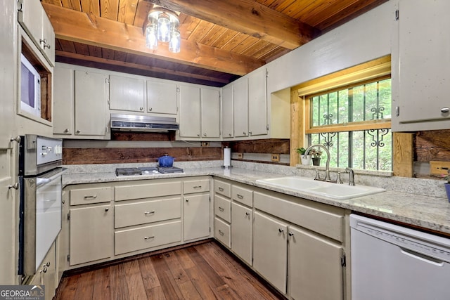 kitchen with dishwasher, oven, under cabinet range hood, gas cooktop, and a sink