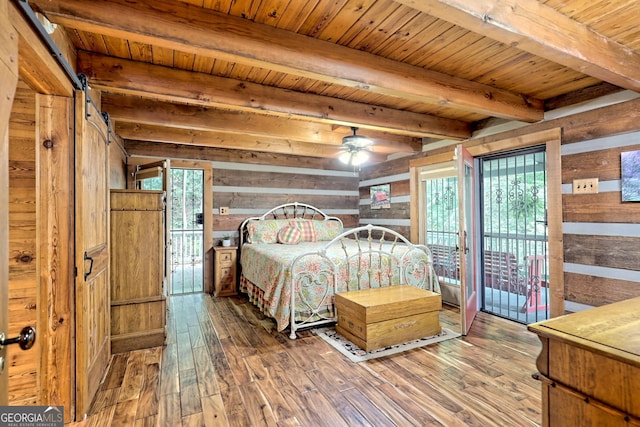 bedroom featuring wood ceiling, a barn door, wooden walls, and wood finished floors