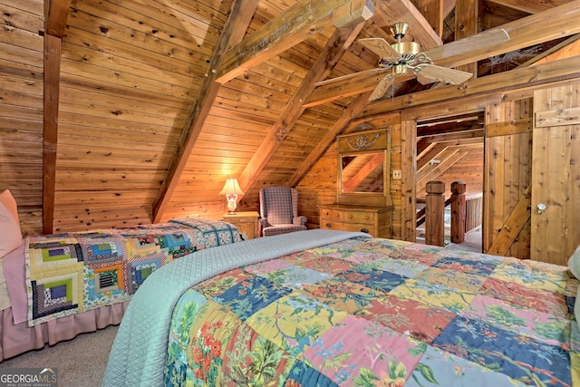 bedroom with vaulted ceiling with beams, carpet, wood ceiling, and wooden walls