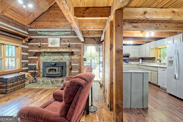 living area with light wood-type flooring, wooden ceiling, a wealth of natural light, and wood walls