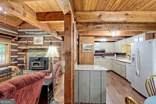 kitchen with wooden ceiling, white appliances, wood walls, open floor plan, and hardwood / wood-style floors