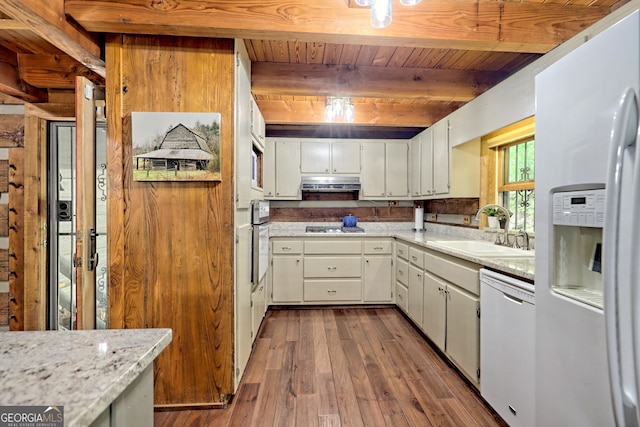 kitchen featuring beam ceiling, wood ceiling, a sink, white appliances, and under cabinet range hood