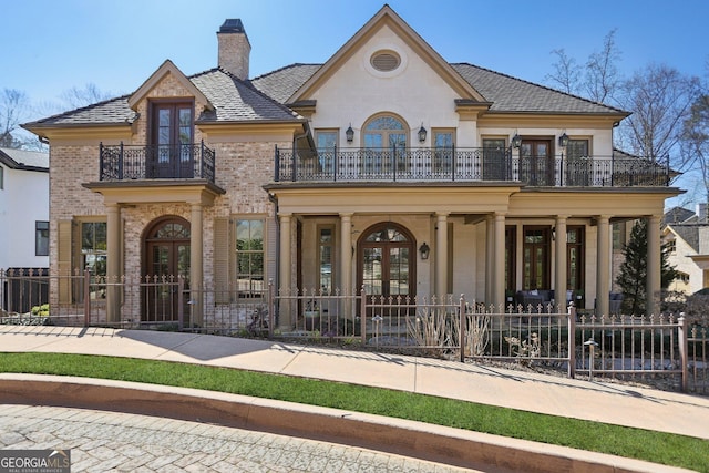 view of front facade with a chimney, french doors, fence, and a balcony