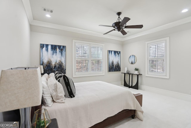 440 Belada Blvd, Sandy Springs, GA 30342 - bedroom featuring a tray ceiling, recessed lighting, carpet flooring, and a ceiling fan
