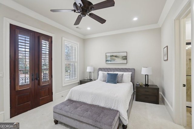 bedroom with light carpet, visible vents, baseboards, ornamental molding, and recessed lighting