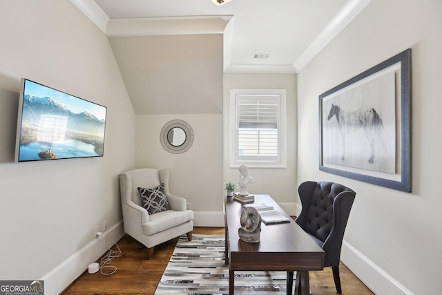 home office with visible vents, dark wood-type flooring, ornamental molding, vaulted ceiling, and baseboards