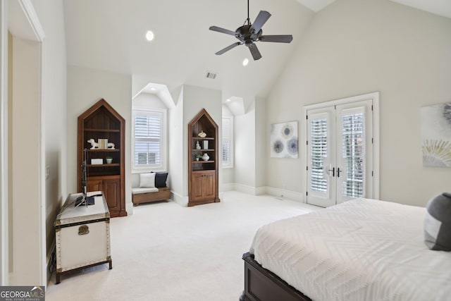 440 Belada Blvd, Sandy Springs, GA 30342 - carpeted bedroom featuring access to outside, recessed lighting, french doors, a ceiling fan, and high vaulted ceiling