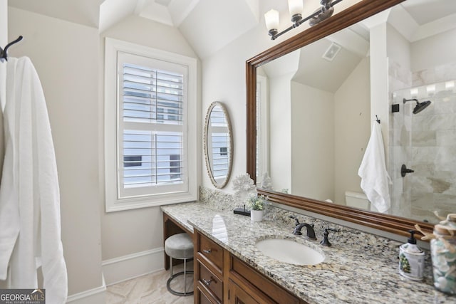 440 Belada Blvd, Sandy Springs, GA 30342 - bathroom featuring vaulted ceiling, vanity, and a tile shower