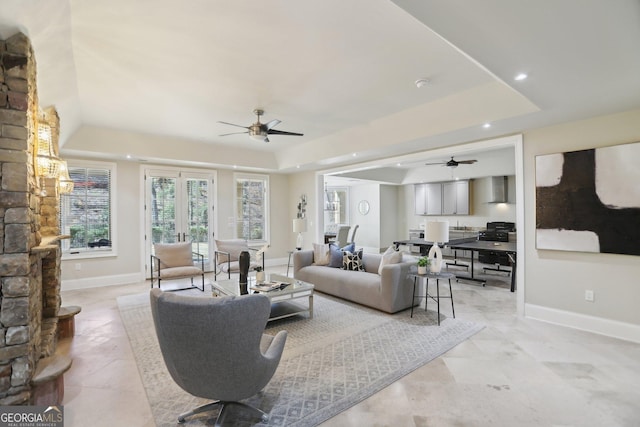 440 Belada Blvd, Sandy Springs, GA 30342 - living room with a ceiling fan, a tray ceiling, and recessed lighting