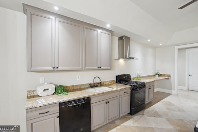 440 Belada Blvd, Sandy Springs, GA 30342 - kitchen featuring black appliances, wall chimney range hood, recessed lighting, and light stone counters