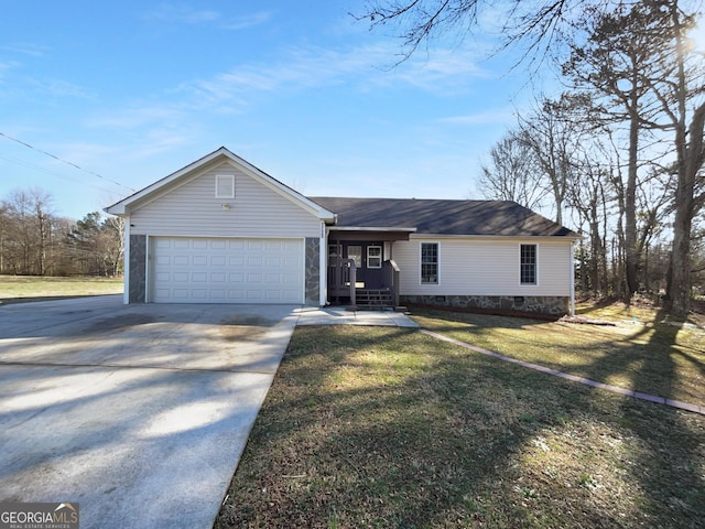 single story home with a garage, a front yard, crawl space, and concrete driveway