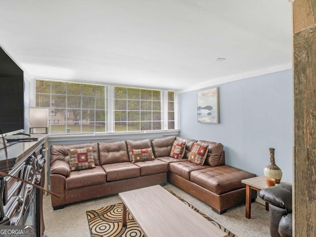 living area with light colored carpet