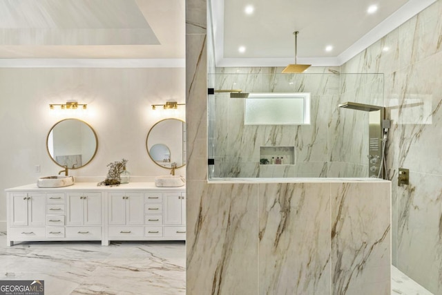 2634 Greenes Ln, Powder Springs, GA 30127 - bathroom with a marble finish shower, double vanity, ornamental molding, a sink, and marble finish floor