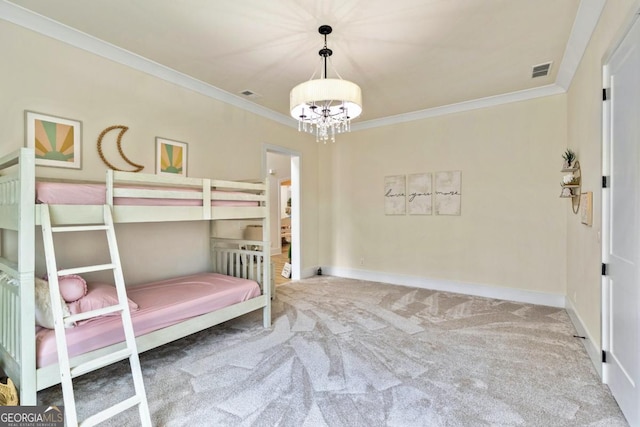 2634 Greenes Ln, Powder Springs, GA 30127 - unfurnished bedroom featuring visible vents, baseboards, a chandelier, ornamental molding, and carpet floors